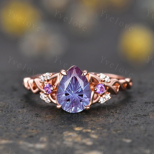 Unique Firework Cut Alexandrite Engagement Ring Vintage Amethyst Diamond Ring Celtic Knot Rose Gold Promise Ring Gift For Her Bridal Ring