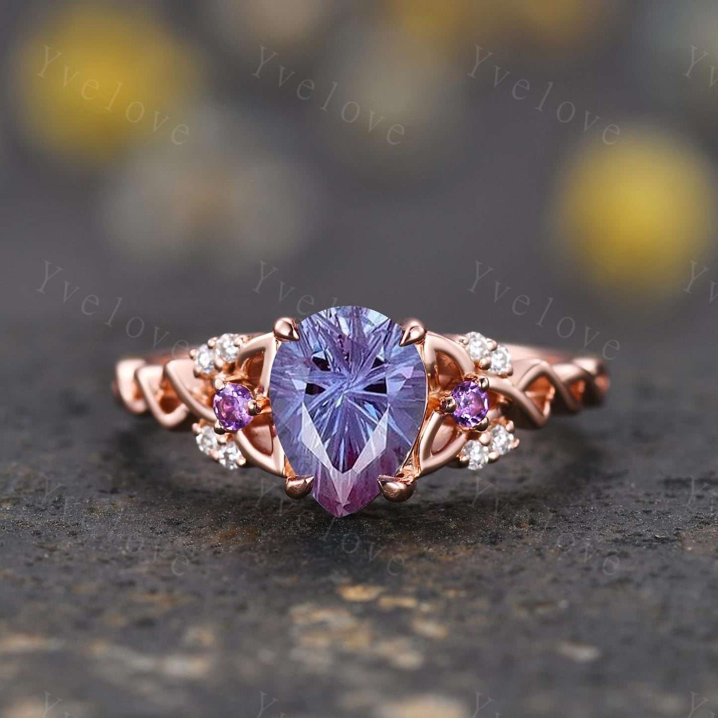 Unique Firework Cut Alexandrite Engagement Ring Set Vintage Amethyst Diamond Ring Celtic Knot Rose Gold Promise Ring Gift For Her Bridal Set