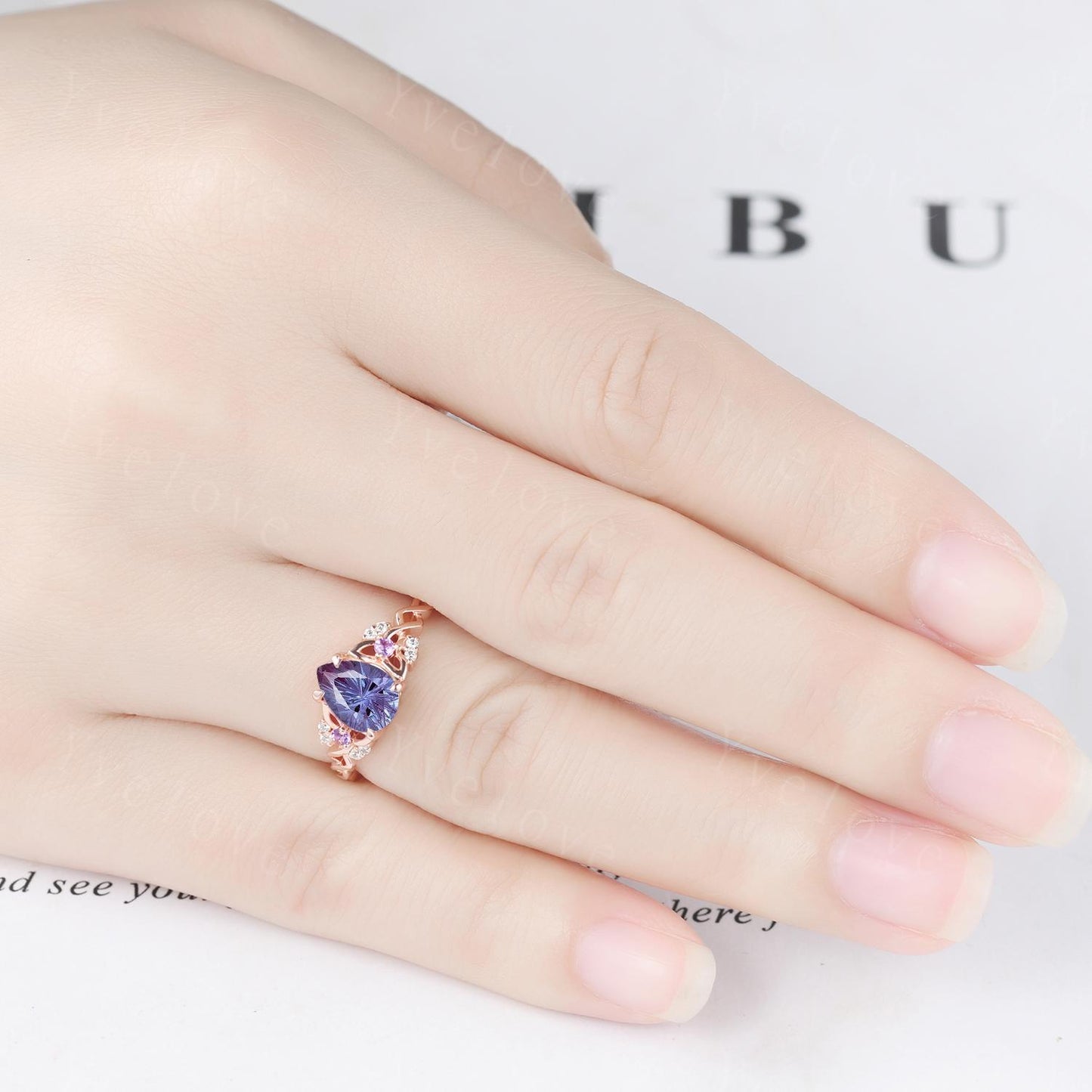 Unique Firework Cut Alexandrite Engagement Ring Set Vintage Amethyst Diamond Ring Celtic Knot Rose Gold Promise Ring Gift For Her Bridal Set