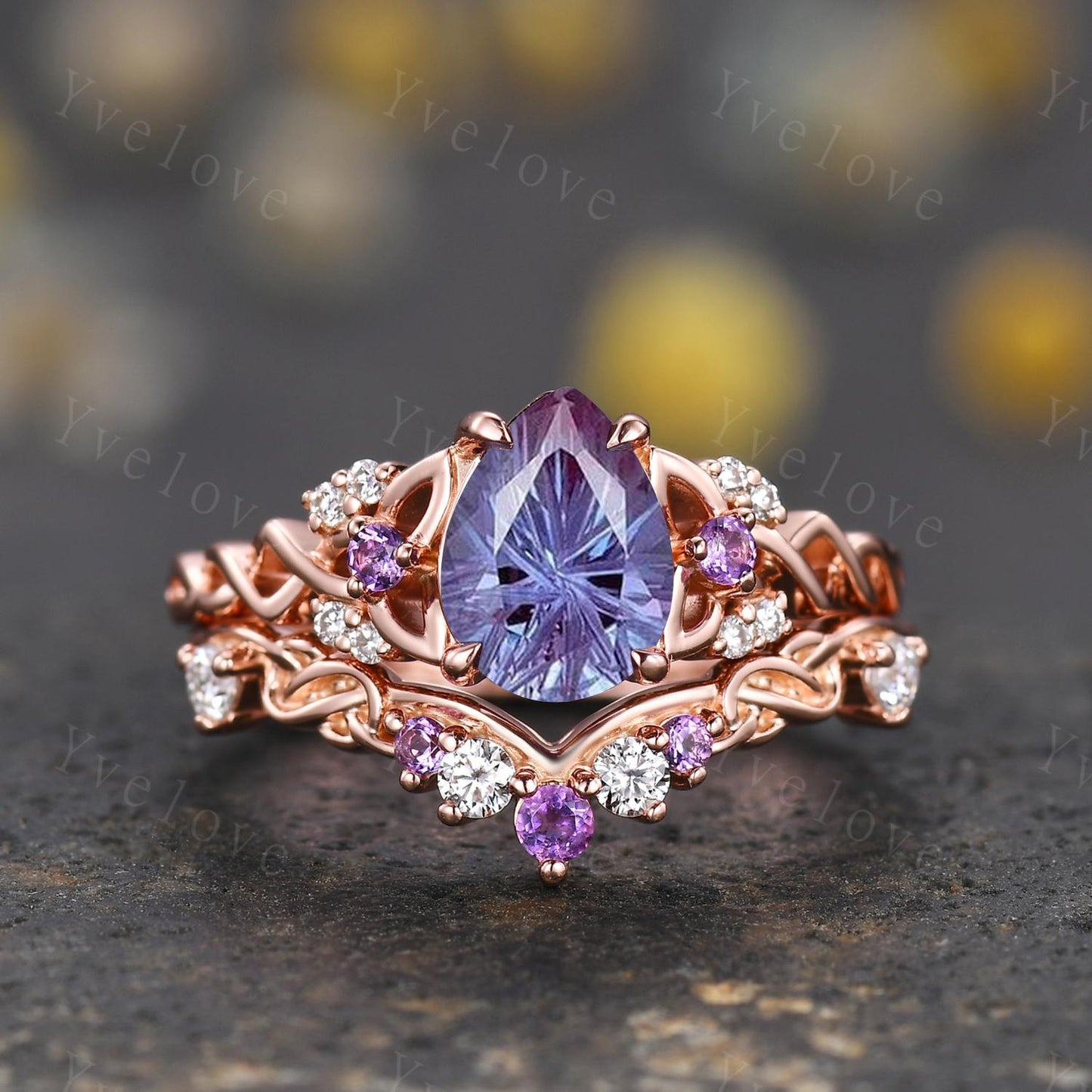 Unique Firework Cut Alexandrite Engagement Ring Set Vintage Amethyst Diamond Ring Celtic Knot Rose Gold Promise Ring Gift For Her Bridal Set