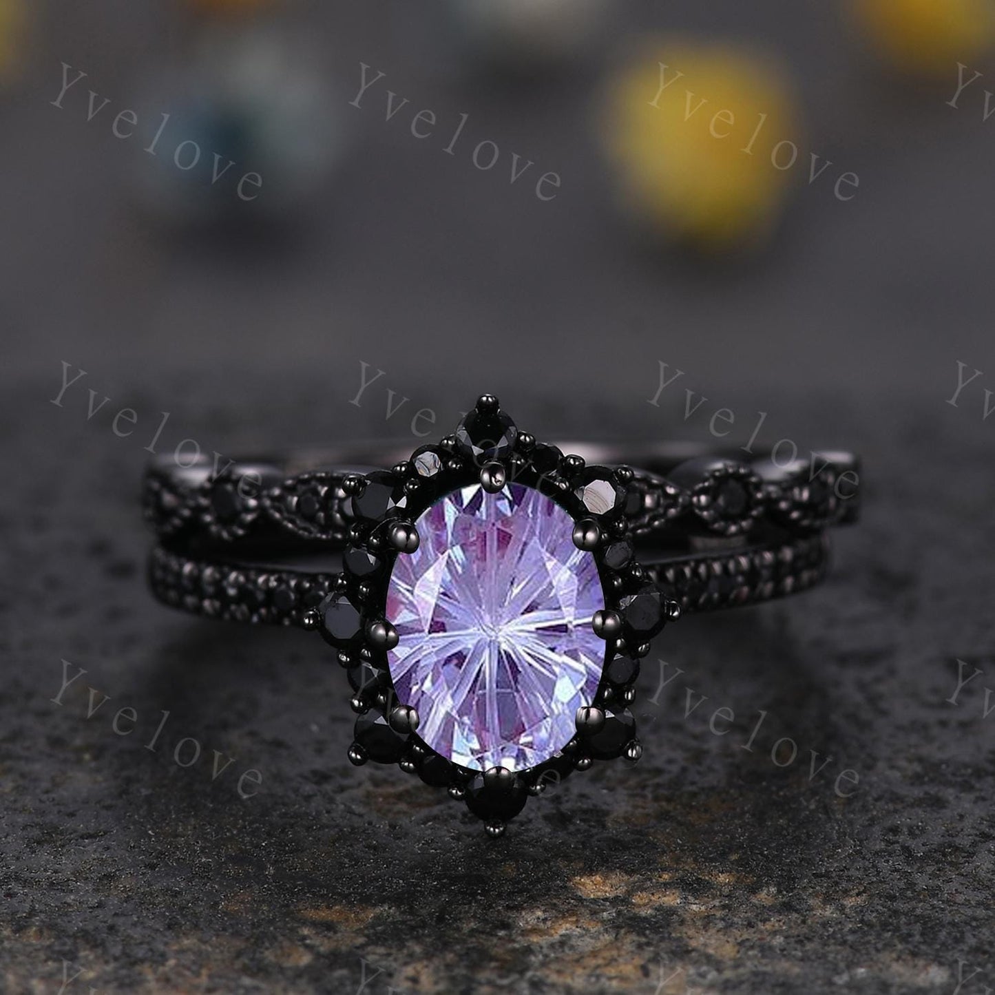 Gothic Firework Cut Alexandrite Engagement Ring Set,Black Gold Black Diamond Promise Ring Unique Rhodium Black Witchy Ring Bridal Set Gift