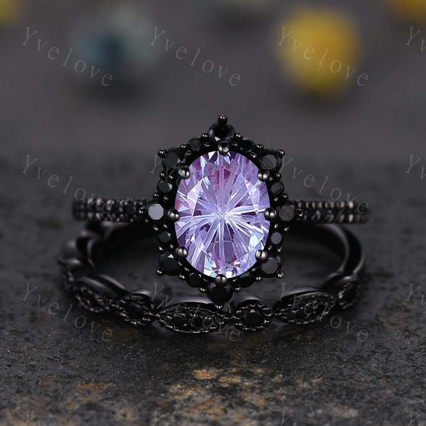 Gothic Firework Cut Alexandrite Engagement Ring Set,Black Gold Black Diamond Promise Ring Unique Rhodium Black Witchy Ring Bridal Set Gift