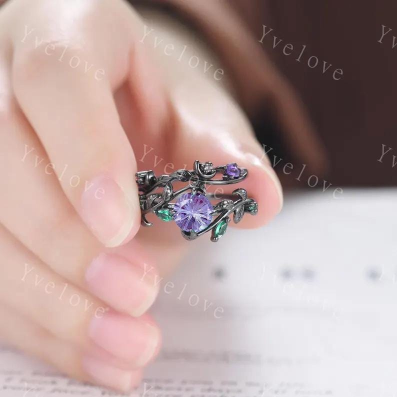 Vintage Firework Alexandrite Engagement Ring,Black Gold,Leaf Peridot Amethyst Ring,Women Bridal Set,Unique Promise Ring Anniversary Gift