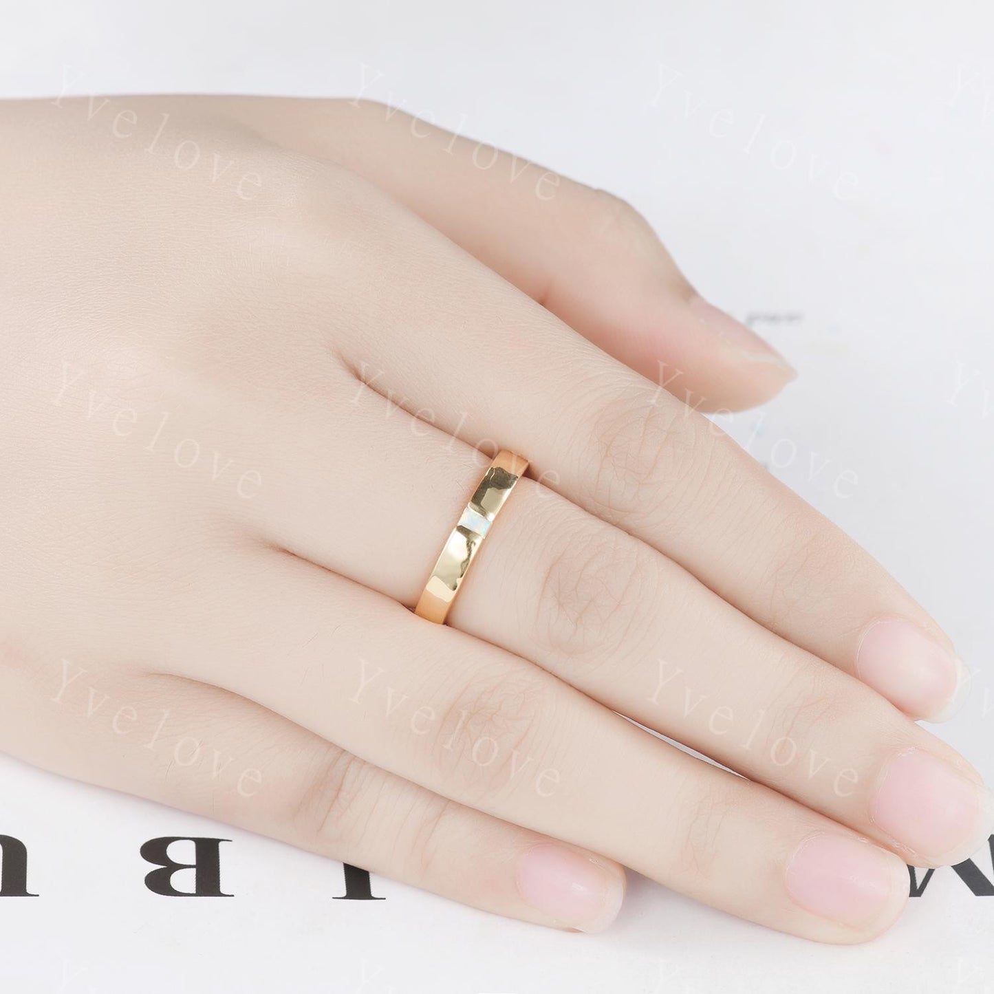 3mm Mens Baguette White Opal Wedding Band Opal Wedding Ring Solid Gold Ring Men Hammered Stacking Matching Band Vintage Ring Bridegroom Gift