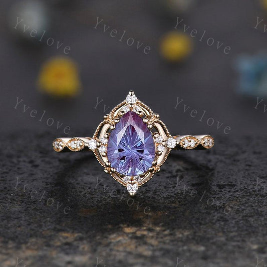 Vintage Pear Alexandrite Engagement Ring,Firework Cut Alexandrite Ring,14K Gold Ring,Unique Women Moissanite Promise Ring For Her,Handmade