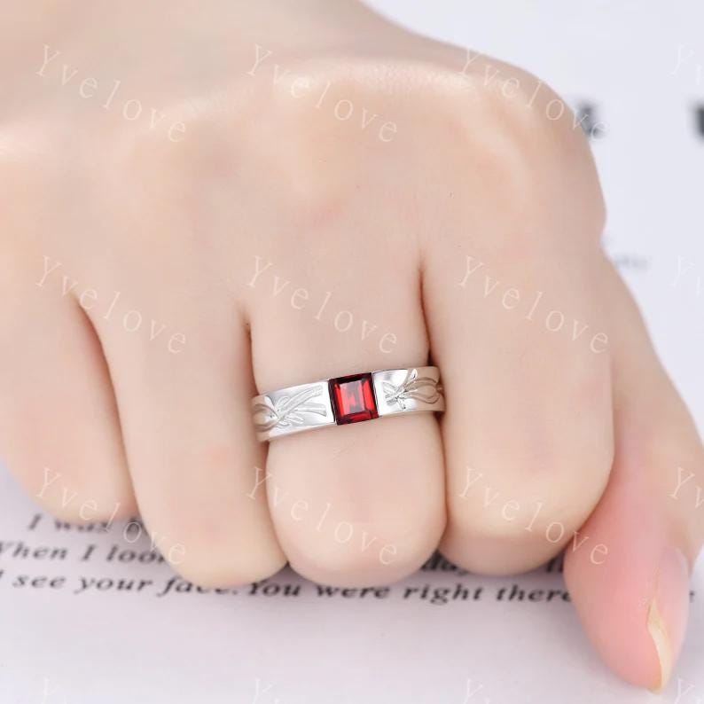 Couples ring set Red Garnet ring twig ring for men and women His and Hers wedding band Promise Stacking Matching Band Retro Vintage Gift