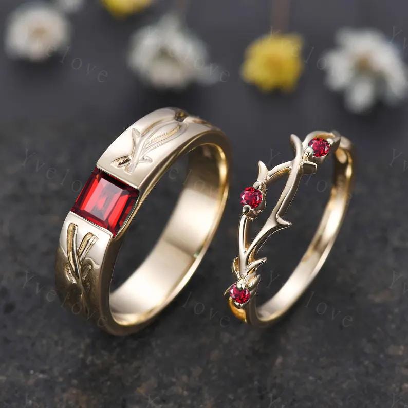 Couples ring set Red Garnet ring twig ring for men and women His and Hers wedding band Promise Stacking Matching Band Retro Vintage Gift
