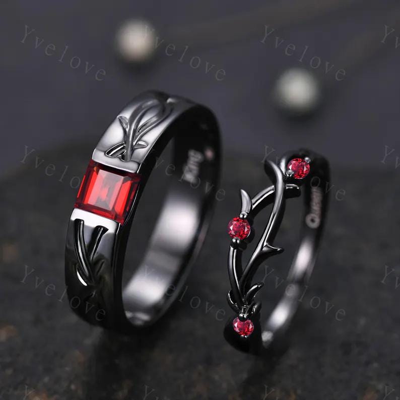 Couples ring set Red Garnet ring twig ring for men and women His and Hers wedding band Promise Stacking Matching Band Retro Vintage Gift