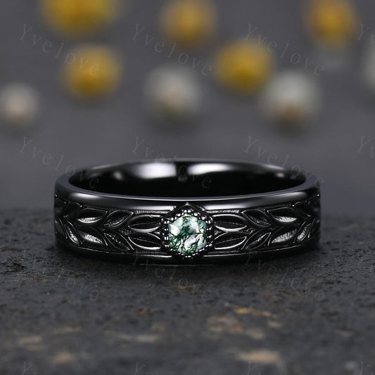 3/4 Eternity Hexagon Moss Agate Leaf Wedding Band Unisex Silver Black Ring Nature Inspired Promise Bridal Ring Custom Jewelry Rings For Men