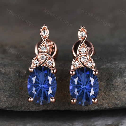 Star fireworks earrings women Vintage blue sapphire earring studs oval cut earrings rose gold art deco studs anniversary gift for her