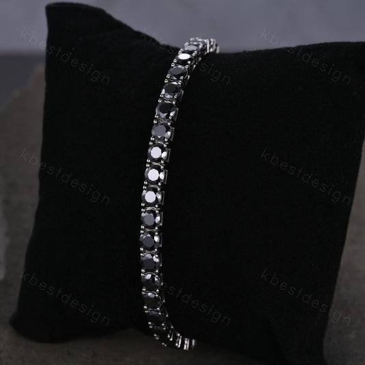 Unique 5mm Black Moissanite Tennis Bracelet, Eternity Round Cut Bracelet for Women, Moissanite Wedding Jewelry, Boho Silver Bracelet