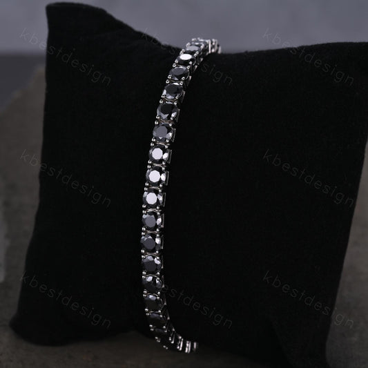 Unique 5mm Black Moissanite Tennis Bracelet, Eternity Round Cut Bracelet for Women, Moissanite Wedding Jewelry, Boho Silver Bracelet
