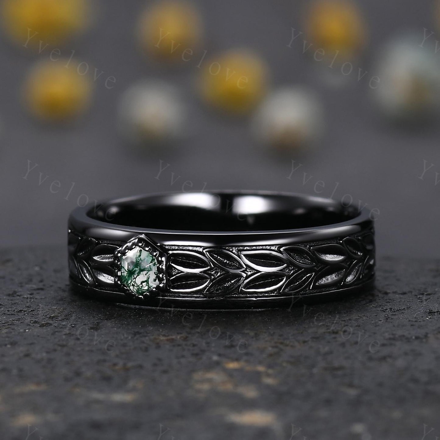 3/4 Eternity Hexagon Moss Agate Leaf Wedding Band Unisex Silver Black Ring Nature Inspired Promise Bridal Ring Custom Jewelry Rings For Men