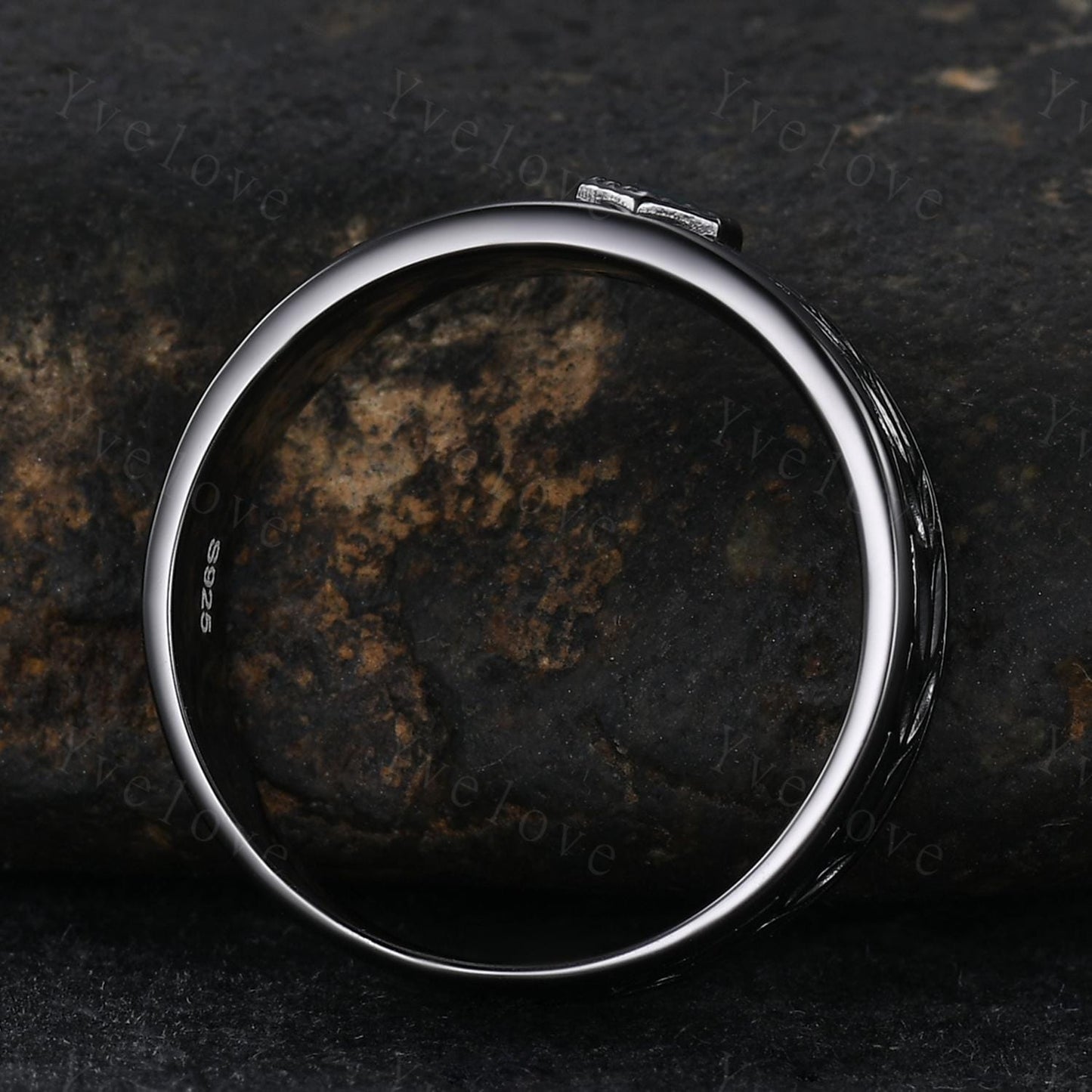 3/4 Eternity Hexagon Moss Agate Leaf Wedding Band Unisex Silver Black Ring Nature Inspired Promise Bridal Ring Custom Jewelry Rings For Men