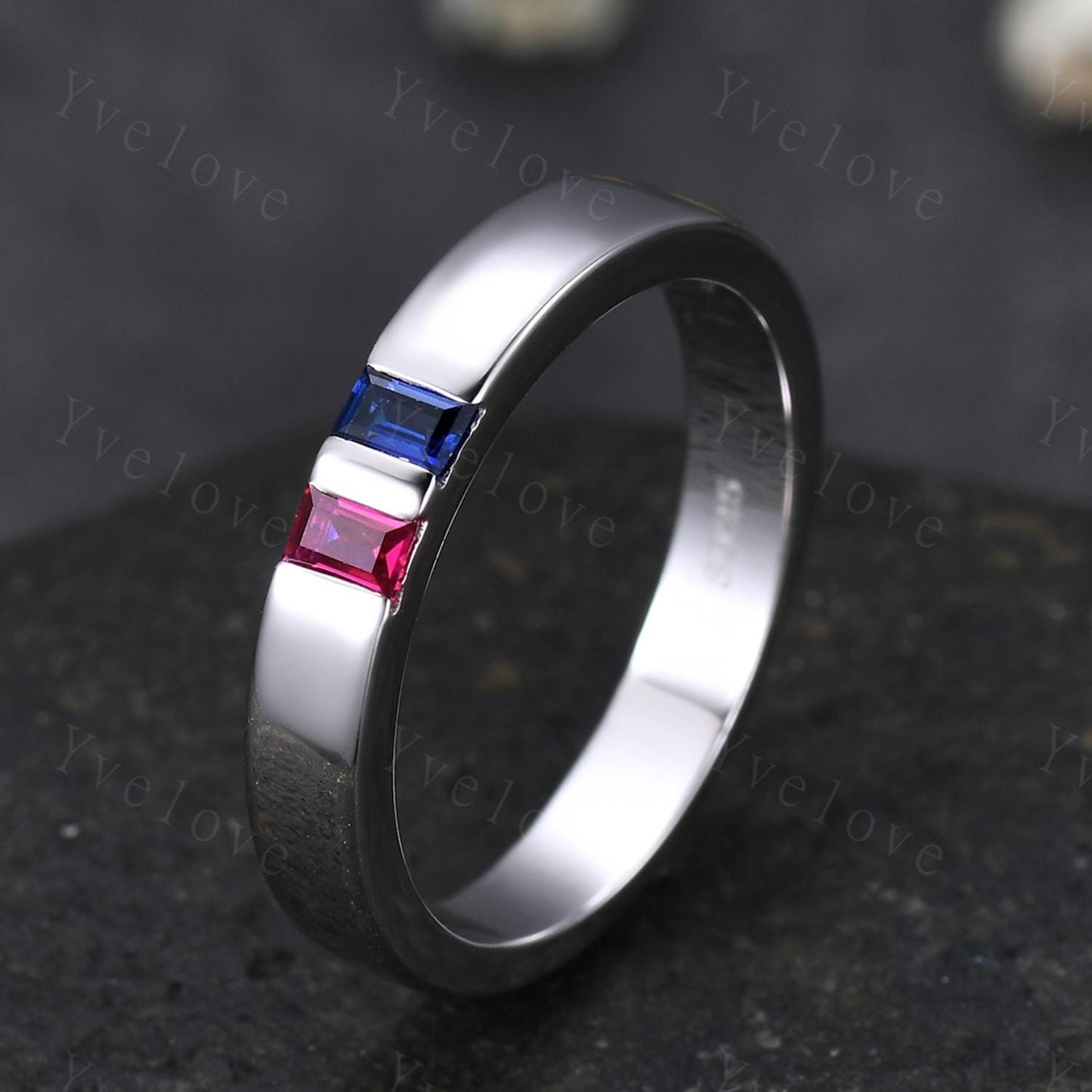3mm Mens Baguette Ruby Sapphire Wedding Band Red Ruby Wedding Ring Silver Ring Plain Smooth Stacking Matching Band Vintage Ring Gift For Men