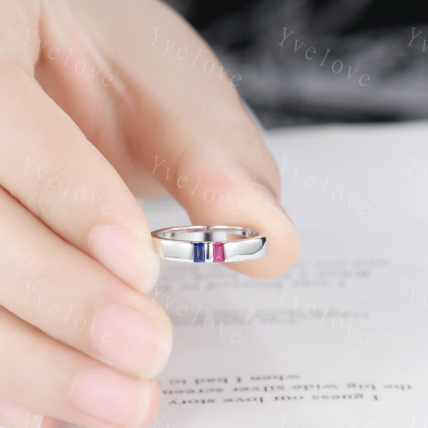 3mm Mens Baguette Ruby Sapphire Wedding Band Red Ruby Wedding Ring Silver Ring Plain Smooth Stacking Matching Band Vintage Ring Gift For Men