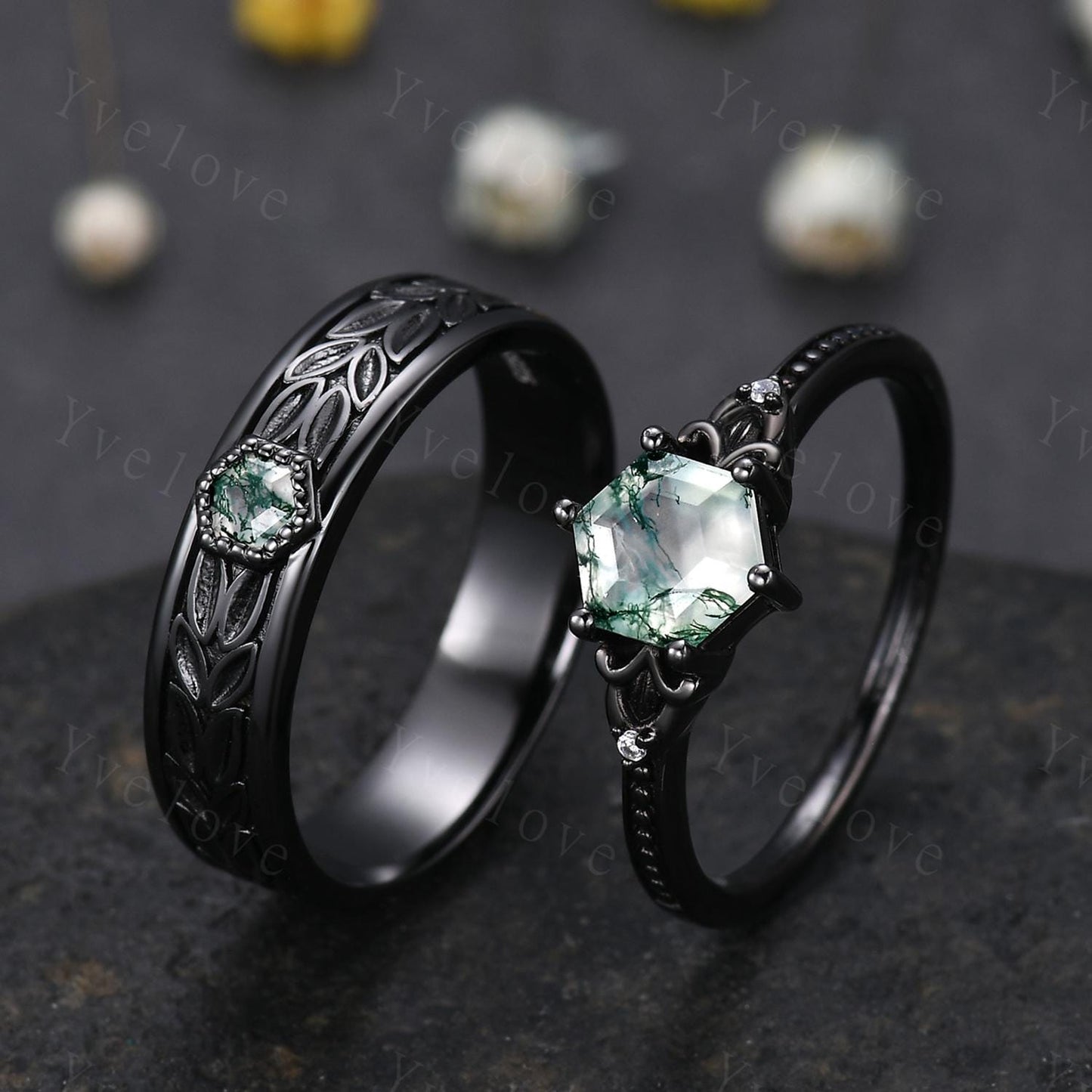 Unique Moss Agate Couples Ring Black Gold  Natural Agate Matching Ring Set His and Hers Wedding Band Promise Ring Gift For Men For Women