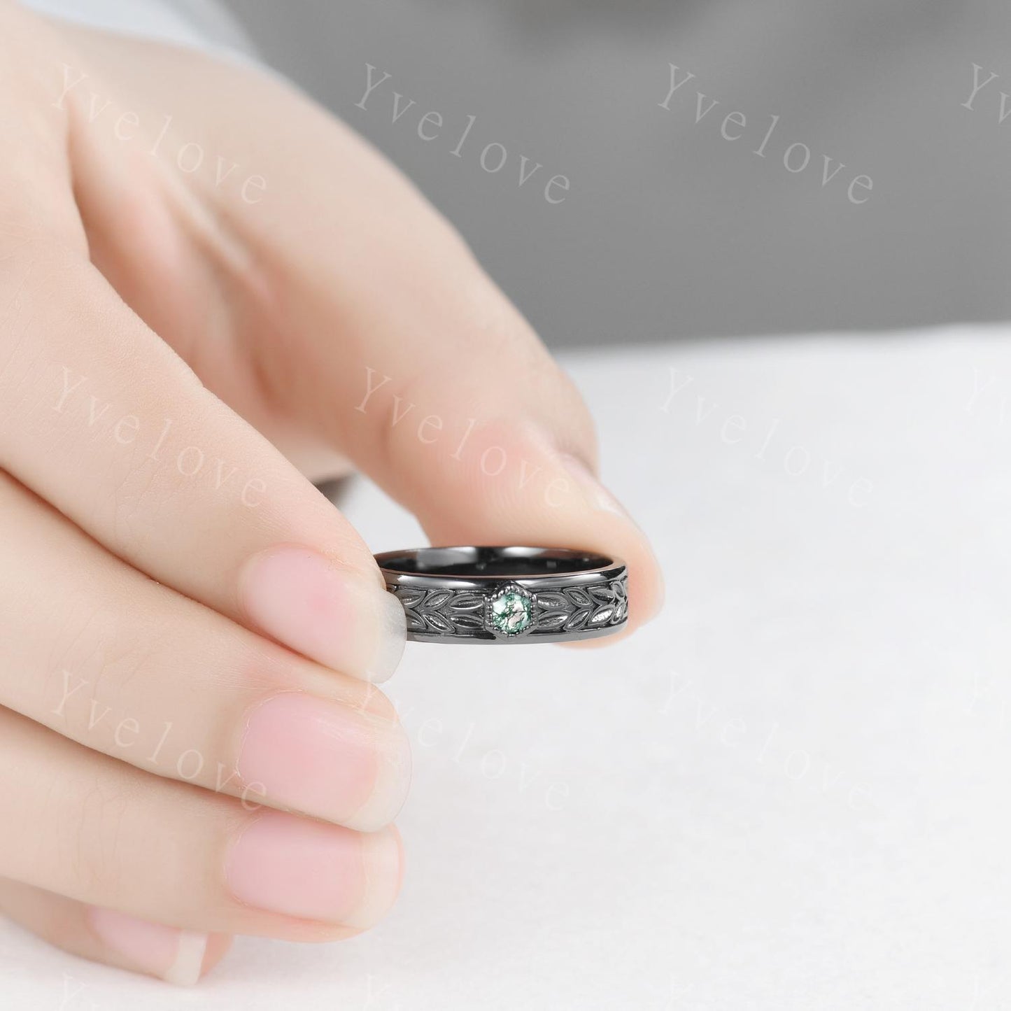 Unique Moss Agate Couples Ring Black Gold  Natural Agate Matching Ring Set His and Hers Wedding Band Promise Ring Gift For Men For Women