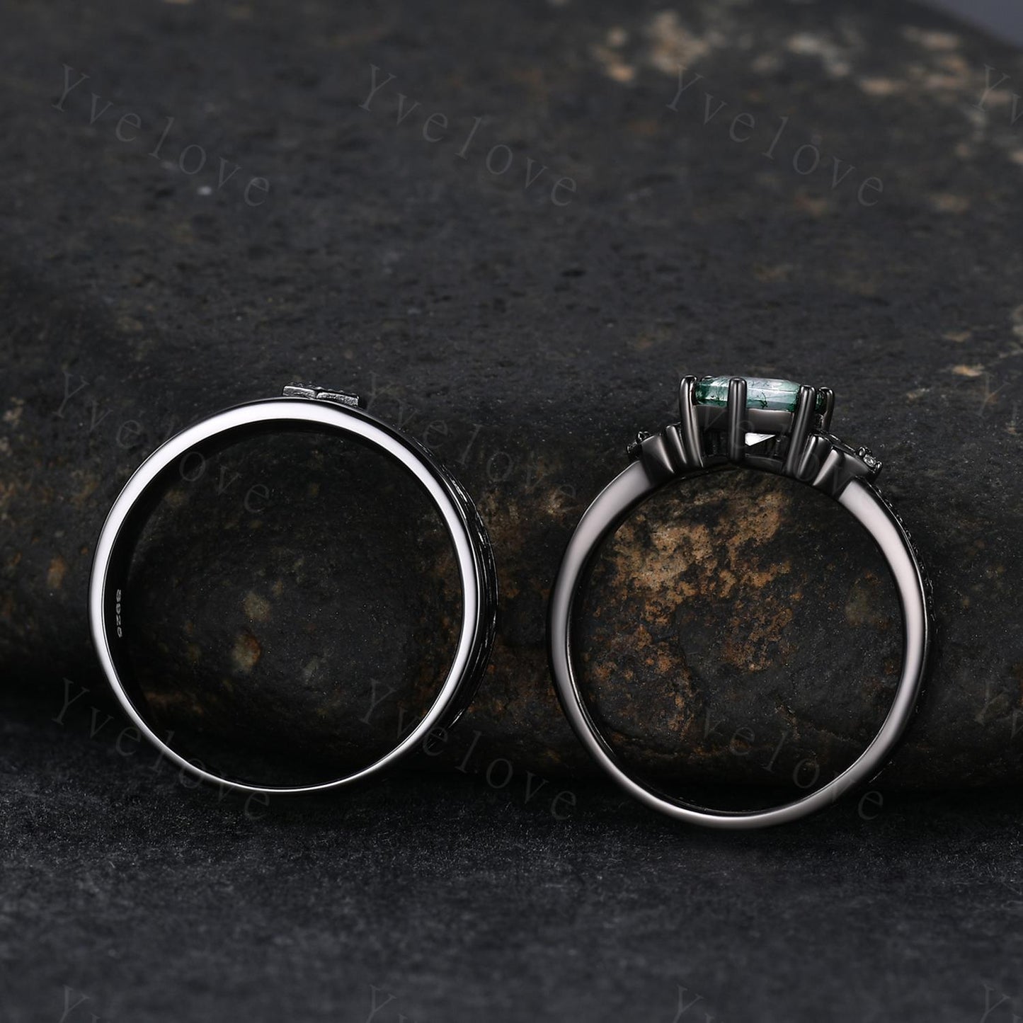 Unique Moss Agate Couples Ring Black Gold  Natural Agate Matching Ring Set His and Hers Wedding Band Promise Ring Gift For Men For Women