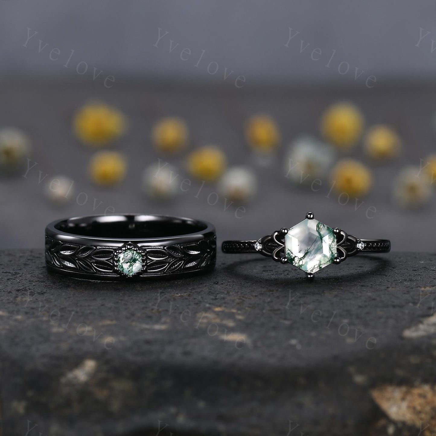 Unique Moss Agate Couples Ring Black Gold  Natural Agate Matching Ring Set His and Hers Wedding Band Promise Ring Gift For Men For Women