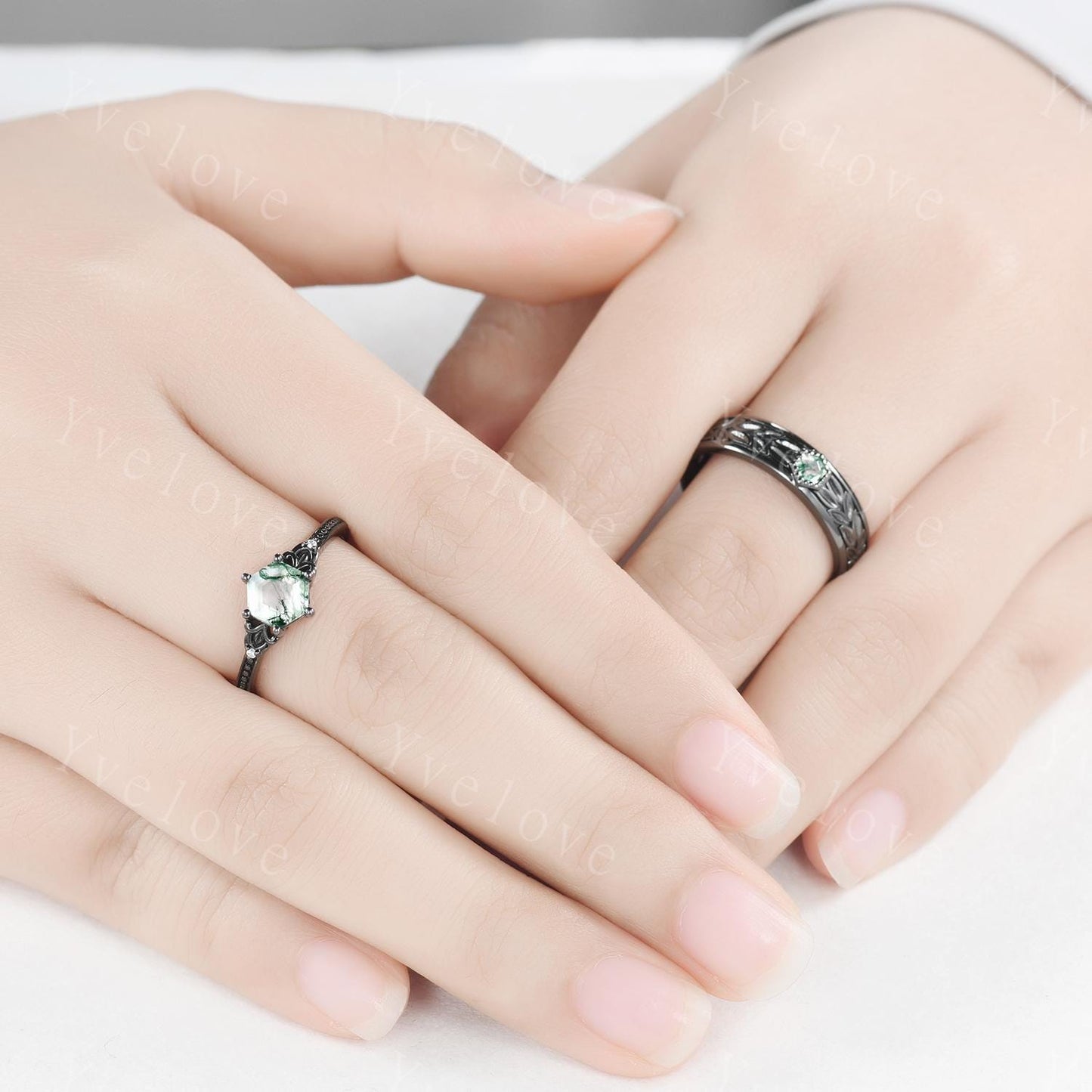 Unique Moss Agate Couples Ring Black Gold  Natural Agate Matching Ring Set His and Hers Wedding Band Promise Ring Gift For Men For Women