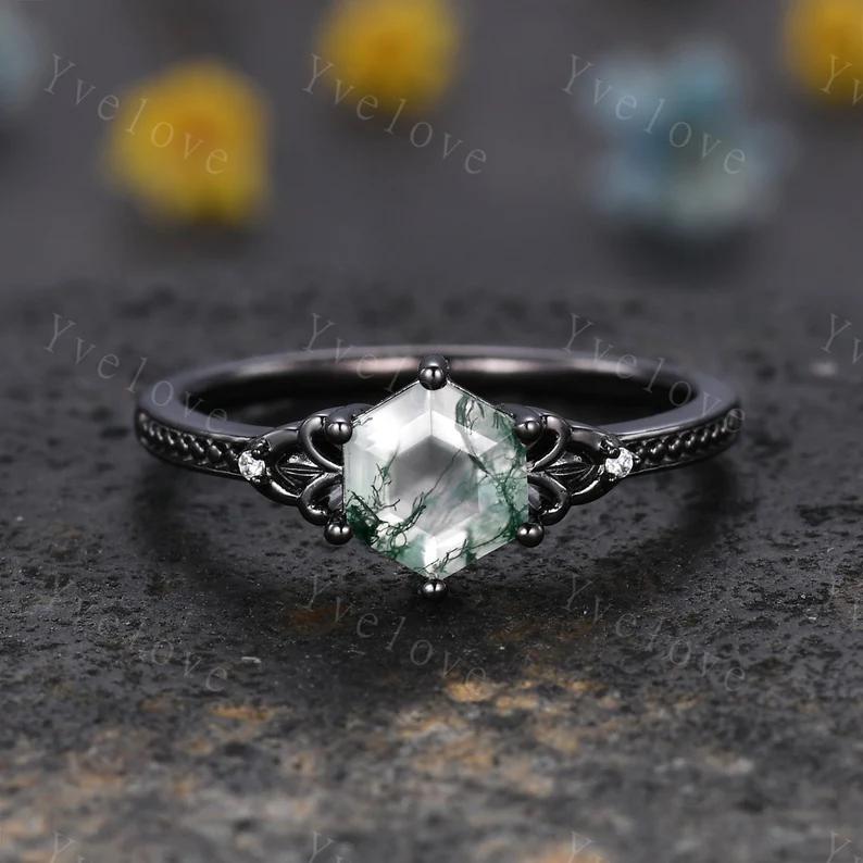 Unique Moss Agate Couples Ring Black Gold  Natural Agate Matching Ring Set His and Hers Wedding Band Promise Ring Gift For Men For Women