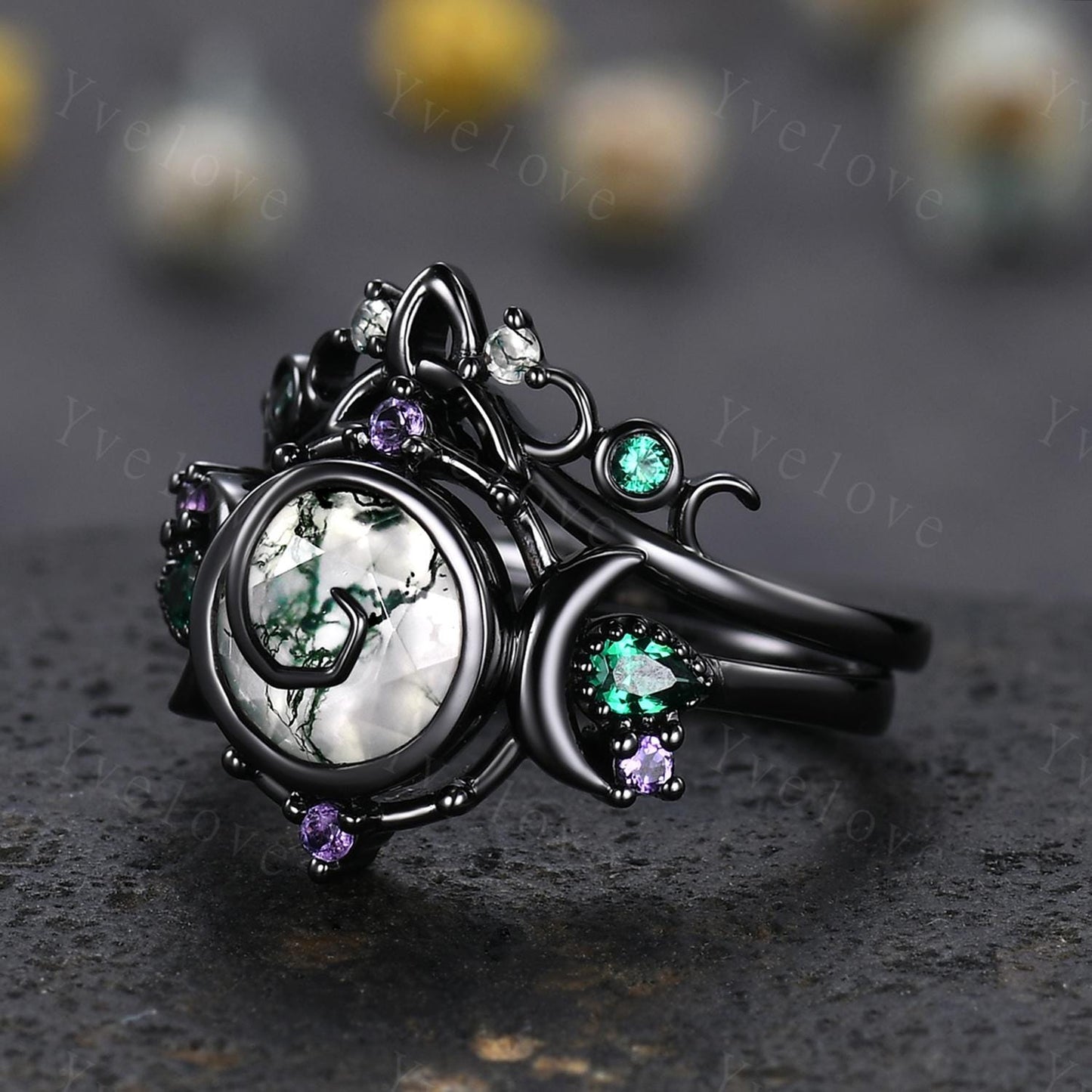 Gothic Round Moss Agate Engagement ring 14K Black Gold Nature Inspired Bridal Sets Promise Ring Green Gemstone Ring Jewelry gifts for her