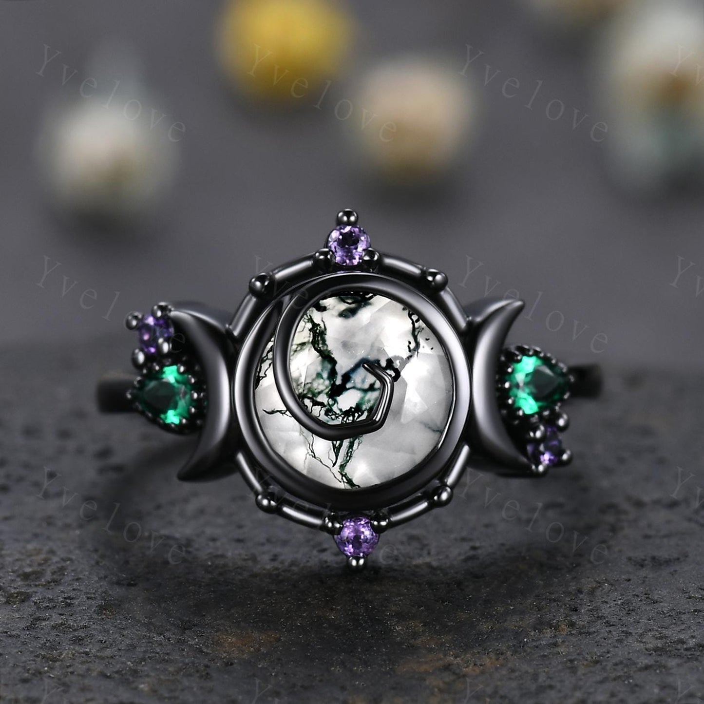 Gothic Round Moss Agate Engagement ring 14K Black Gold Nature Inspired Bridal Sets Promise Ring Green Gemstone Ring Jewelry gifts for her
