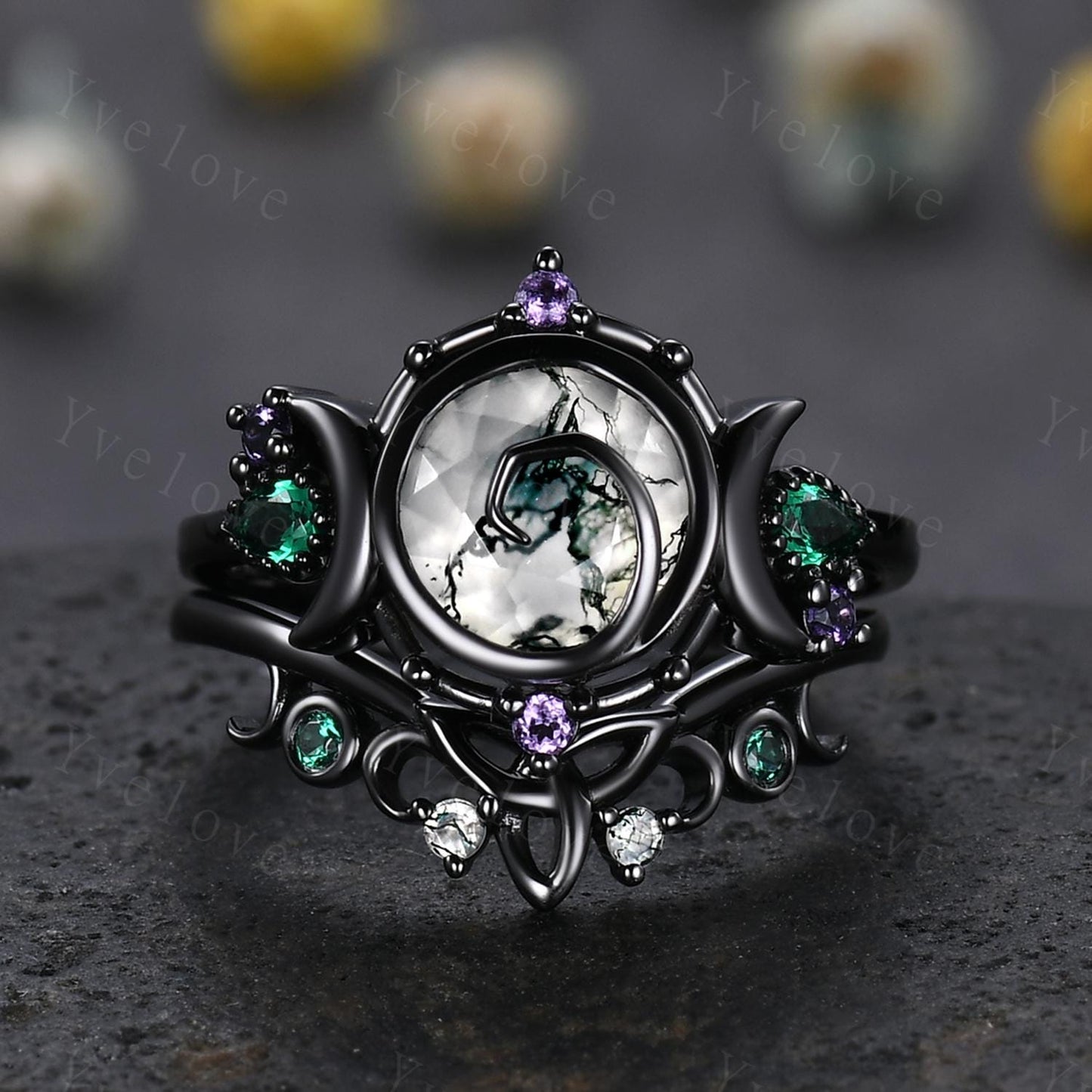 Gothic Round Cut Moss Agate Engagement Ring 14K Black Gold Nature Inspired Bridal Ring Promise Ring Emerald Amethyst Jewelry Gifts For Her