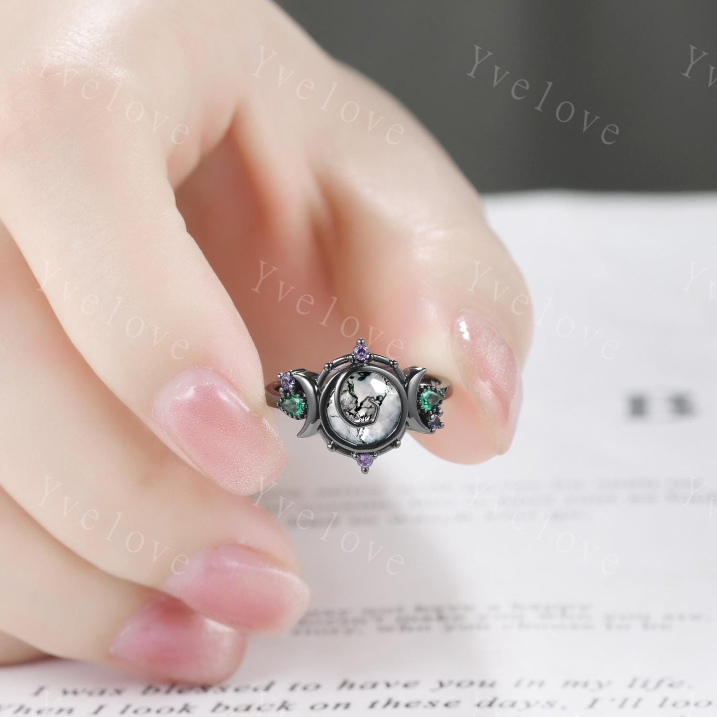 Gothic Round Cut Moss Agate Engagement Ring 14K Black Gold Nature Inspired Bridal Ring Promise Ring Emerald Amethyst Jewelry Gifts For Her