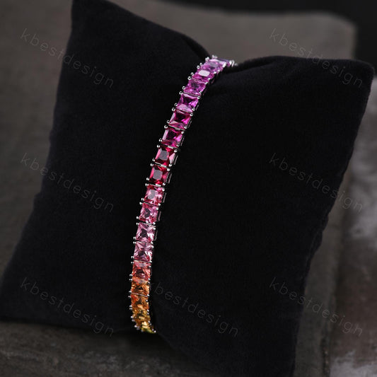 4MM Princess cut Gradient Sapphire Bracelet Rainbow Sapphire Tennis Bracelet 925 Sterling Silver Tennis Bracelet for Women Anniversary Gift