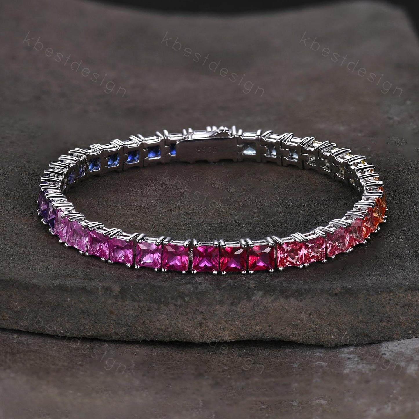 4MM Princess cut Gradient Sapphire Bracelet Rainbow Sapphire Tennis Bracelet 925 Sterling Silver Tennis Bracelet for Women Anniversary Gift