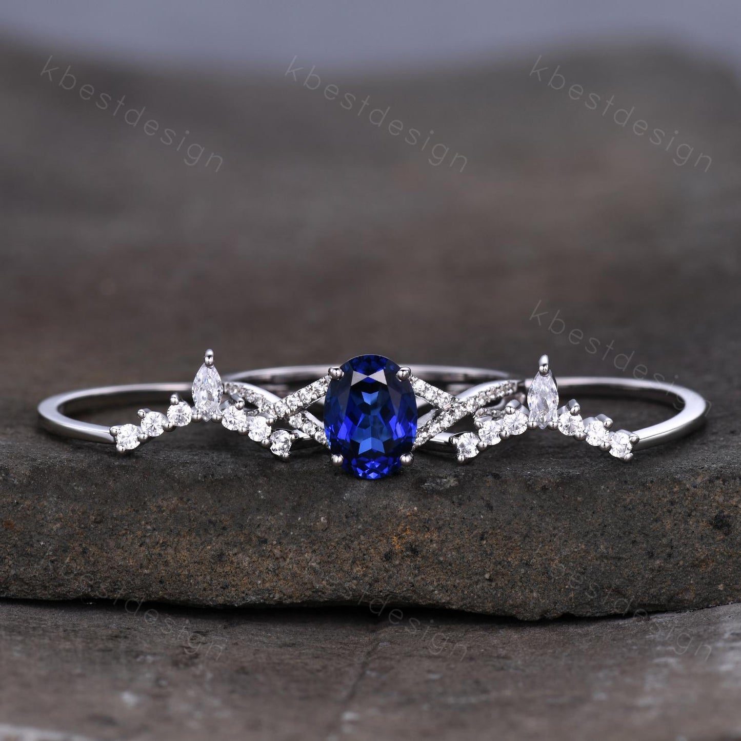 3PCS Blue Sapphire Engagement Ring Set Art Deco Moissanite Stacking Band Oval Cut Bridal Set Unique Curved Bands Blue Sapphire Promise Ring