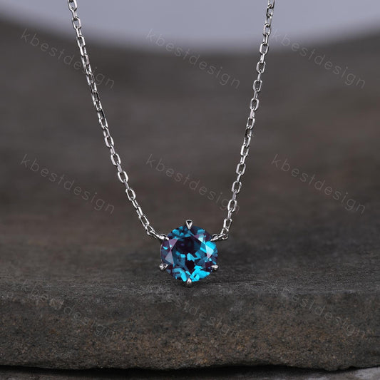 7mm Round Cut Alexandrite Necklace Sterling Silver Solitaire Alexandrite Pendant for Women Unique Vintage Personalized Anniversary Necklace