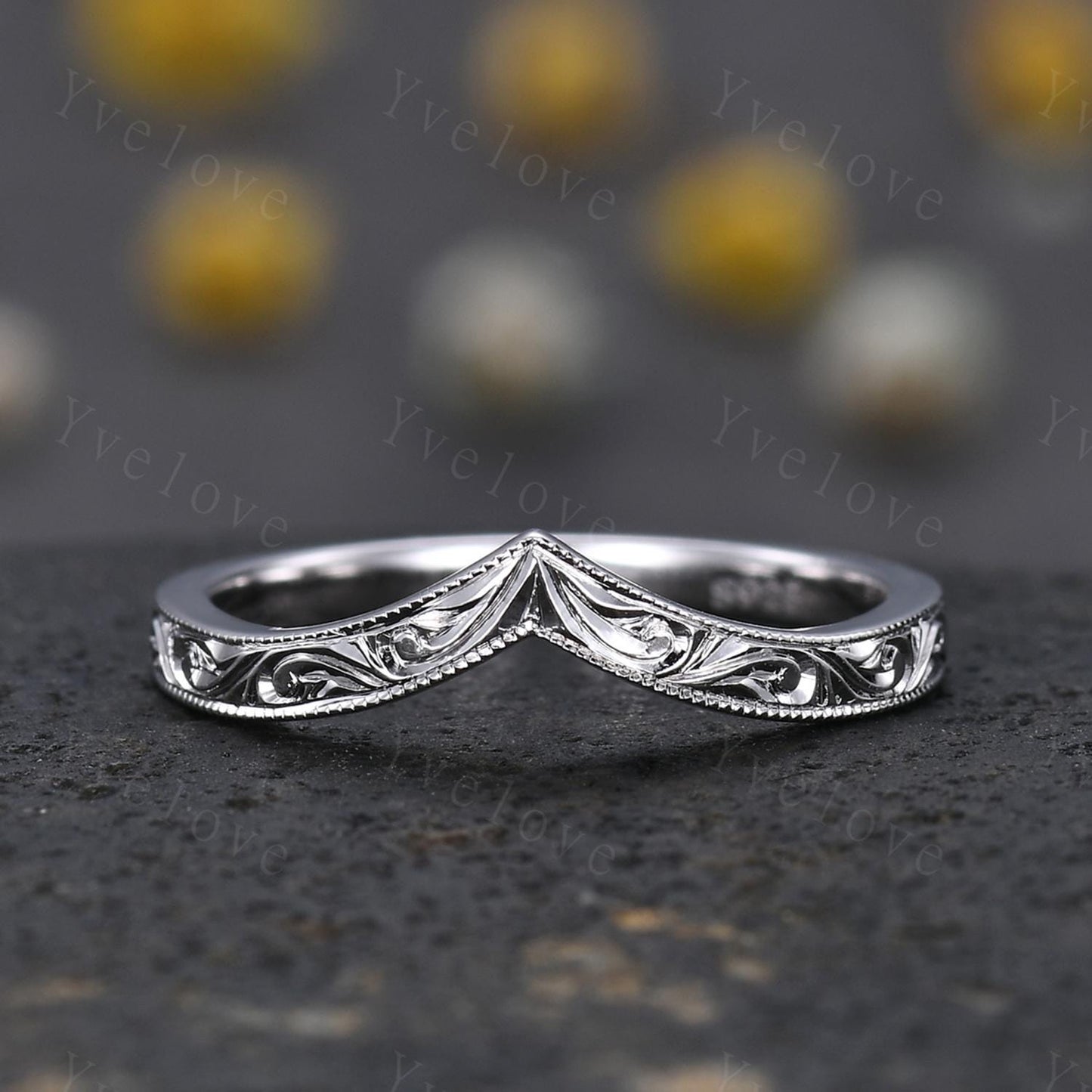 14k Plain White Gold Ring Filigree Milgrain Edge Wedding Band V Curved Stacking Matching Band Retro Vintage Anniversary Gift Promise Ring