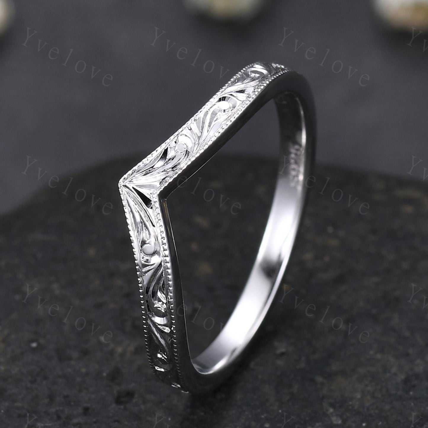 14k Plain White Gold Ring Filigree Milgrain Edge Wedding Band V Curved Stacking Matching Band Retro Vintage Anniversary Gift Promise Ring