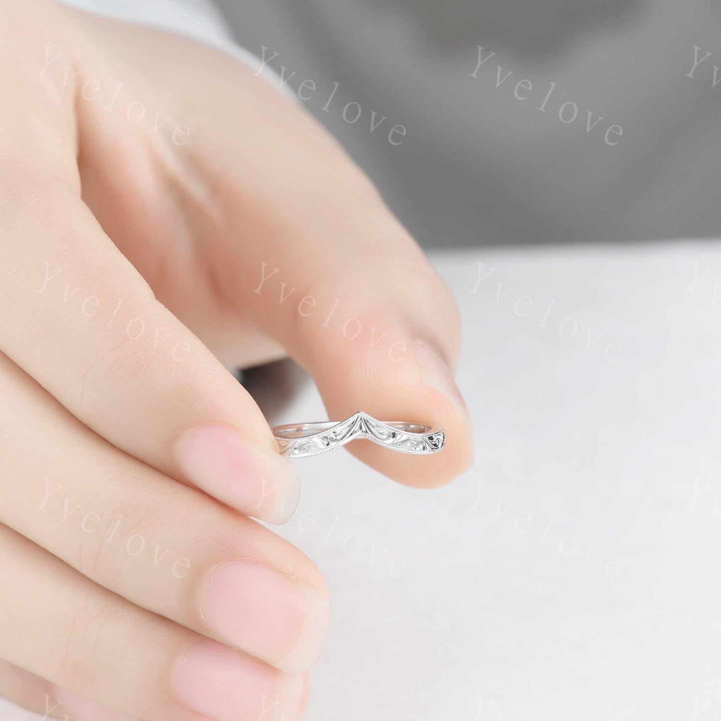 14k Plain White Gold Ring Filigree Milgrain Edge Wedding Band V Curved Stacking Matching Band Retro Vintage Anniversary Gift Promise Ring