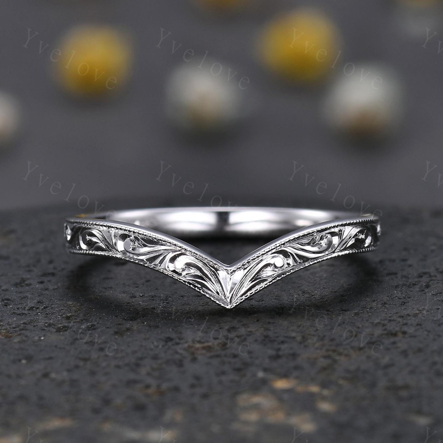 14k Plain White Gold Ring Filigree Milgrain Edge Wedding Band V Curved Stacking Matching Band Retro Vintage Anniversary Gift Promise Ring