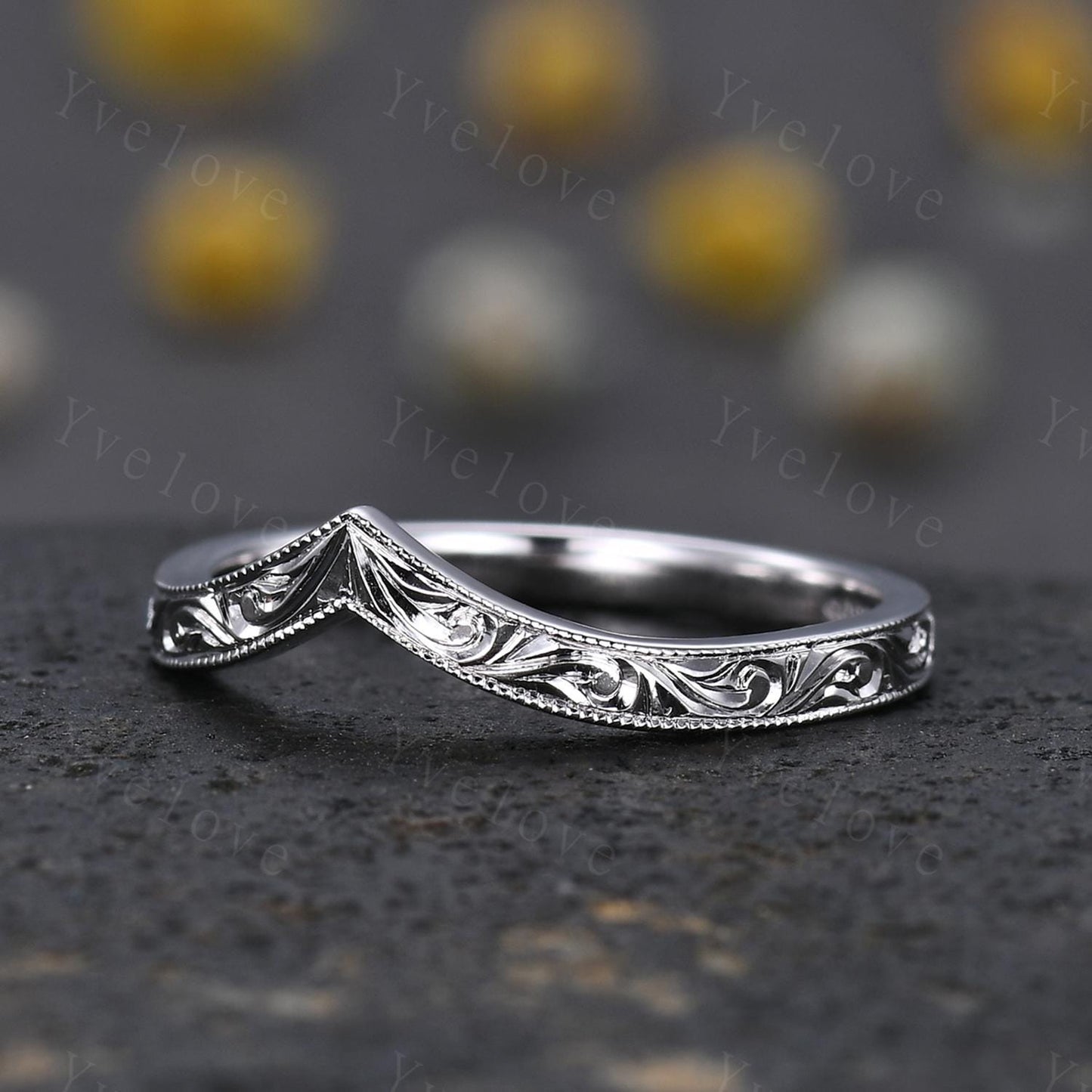 14k Plain White Gold Ring Filigree Milgrain Edge Wedding Band V Curved Stacking Matching Band Retro Vintage Anniversary Gift Promise Ring