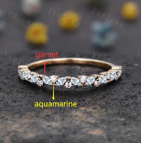Custom order for Ashlynn, marquise garnet and round aquamarine, 14k yellow gold.