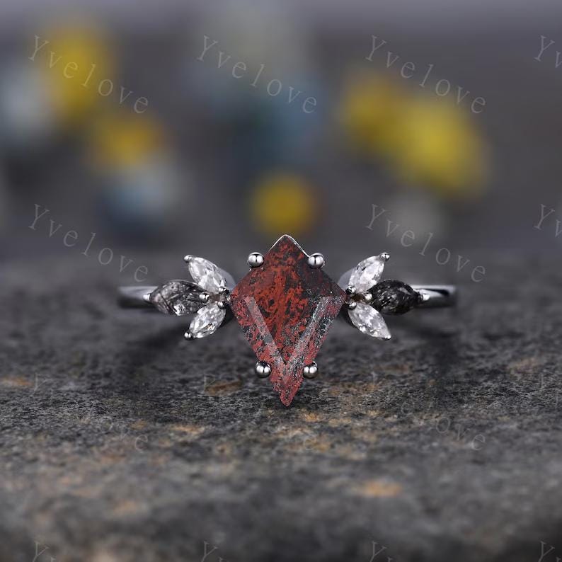 Vintage Kite shaped Bloodstone Engagement Ring Set,Unique Bridal Ring Set,Marquise Black Rutilated Quartz,14k White Gold Anniversary Ring