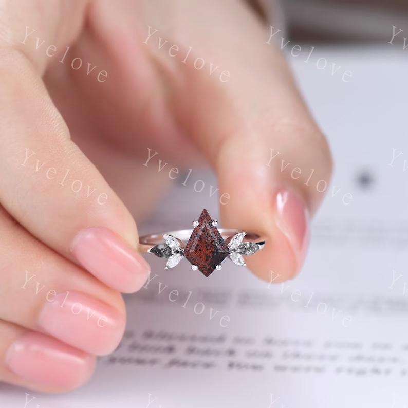 Vintage Kite shaped Bloodstone Engagement Ring Set,Unique Bridal Ring Set,Marquise Black Rutilated Quartz,14k White Gold Anniversary Ring