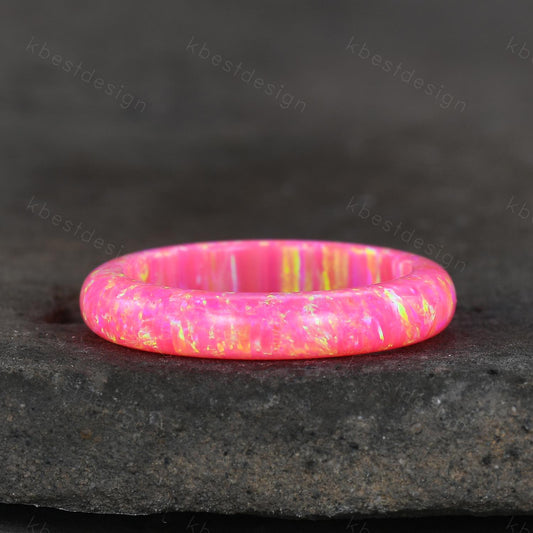 Unique 4mm pink fire opal wedding band comfort fit wedding band solitaire minimalist opal wedding ring band gift for women October ring