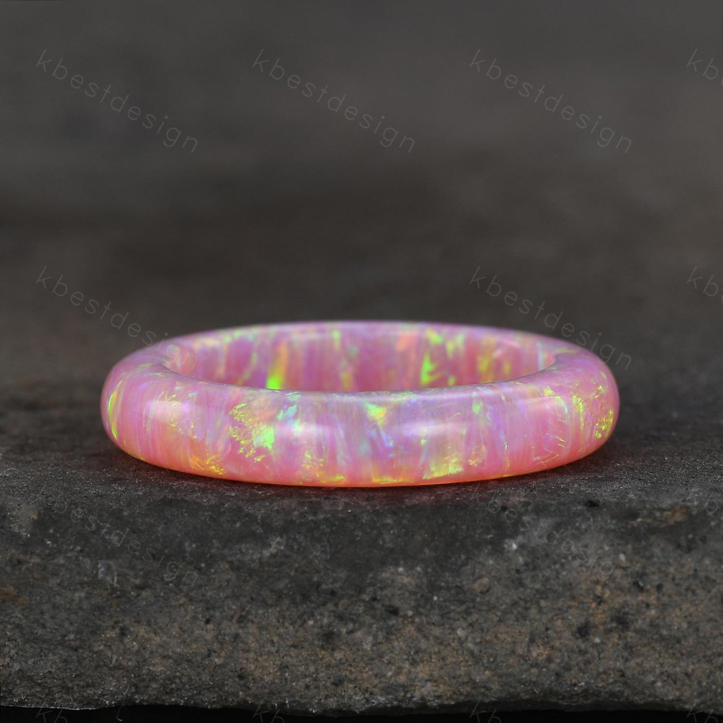 Unique 6mm pink fire opal wedding band comfort fit gemstone wedding band solitaire pink opal wedding ring band special gift for women