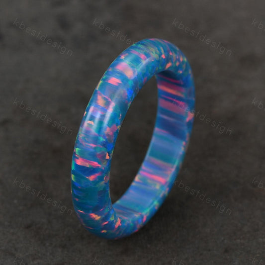 Dainty teal blue opal wedding band 4mm eternity opal ring for women minimalist stacking blue opal band vintage engagement ring opal jewelry