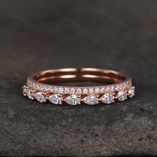 Pear cut Moissanite wedding band rose gold double band ring half eternity band art deco stacking matching band unique anniversary gift