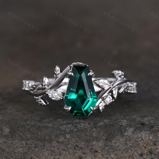 Vintage coffin green emerald engagement ring silver twig leaf moissanite wedding ring nature inspired ring Emerald bridal promise ring
