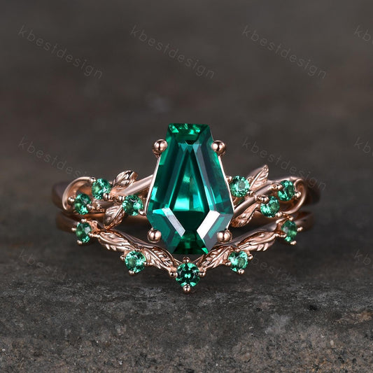 Vintage Coffin cut Emerald Engagement Ring Art Deco Branch Design Leaf Emerald Wedding Ring Rose Gold Ring Unique Bridal Promise Set