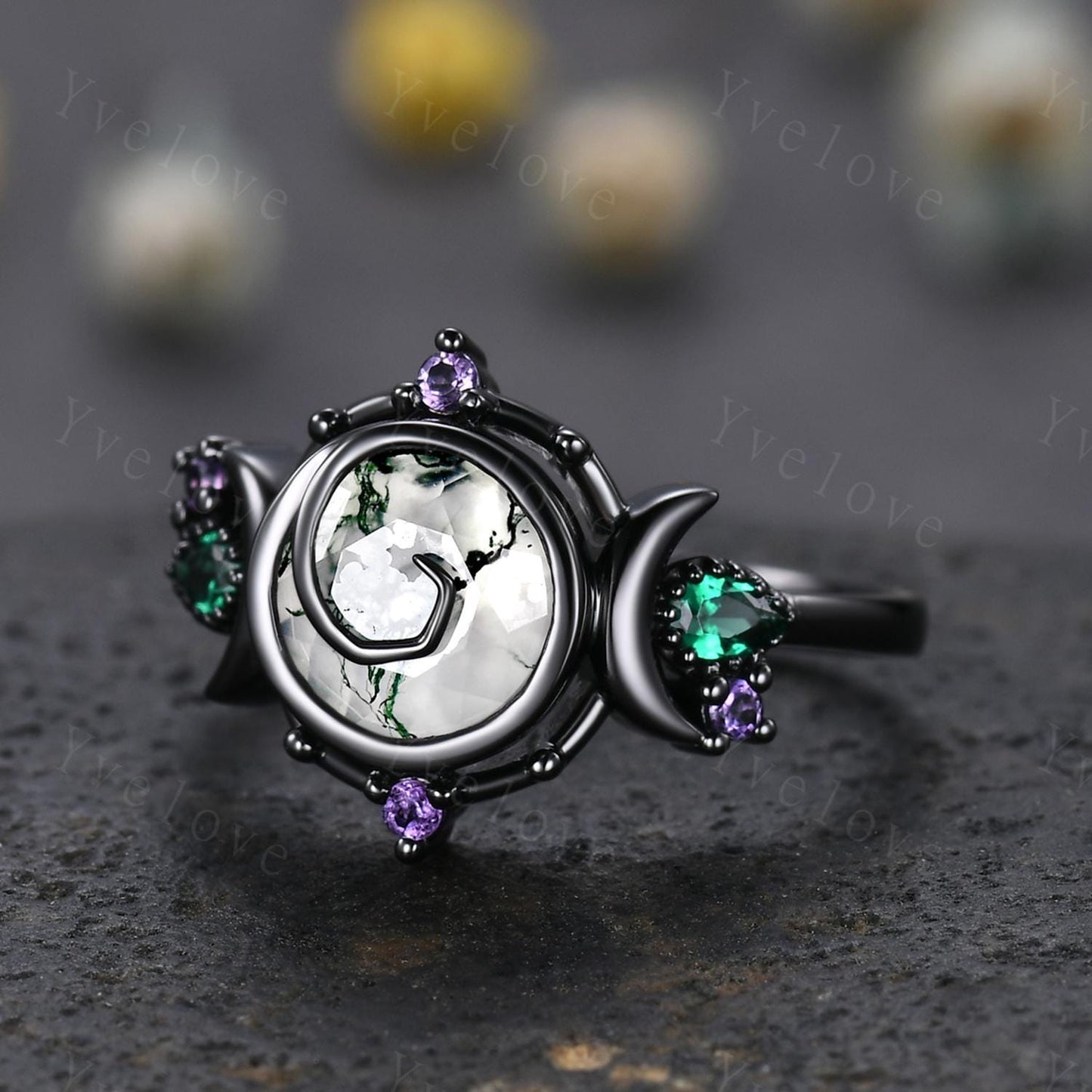 Gothic Round Cut Moss Agate Engagement Ring 14K Black Gold Nature Inspired Bridal Ring Promise Ring Emerald Amethyst Jewelry Gifts For Her