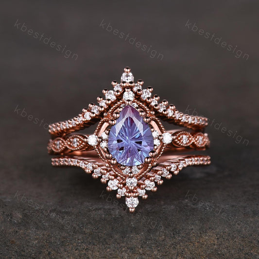 3PCS Firework alexandrite engagement ring rose gold ring art deco curved stacking band pear shaped bridal set unique moissanite wedding set